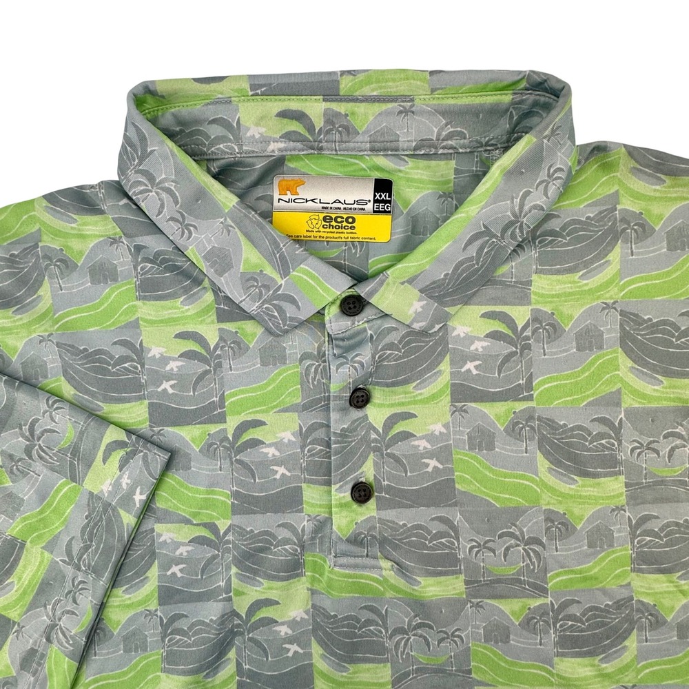 Nicklaus Mens XXL Eco Choice Golf Polo Shirt Green Grey Tropical Palm Tree Print